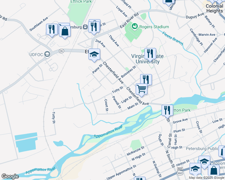 map of restaurants, bars, coffee shops, grocery stores, and more near 3500 Totty Street in Petersburg