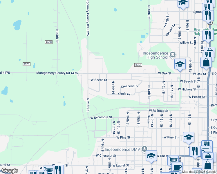 map of restaurants, bars, coffee shops, grocery stores, and more near 1001-1035 North 17th Place in Independence