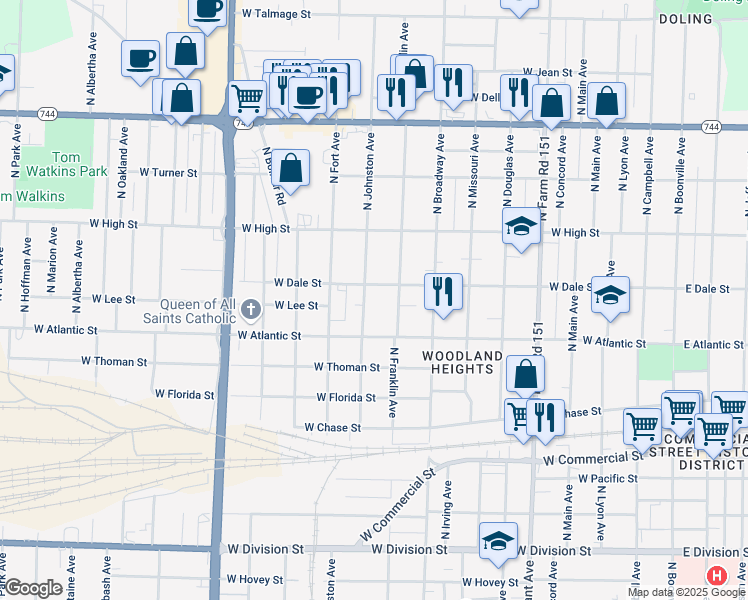 map of restaurants, bars, coffee shops, grocery stores, and more near 2035 North Franklin Avenue in Springfield