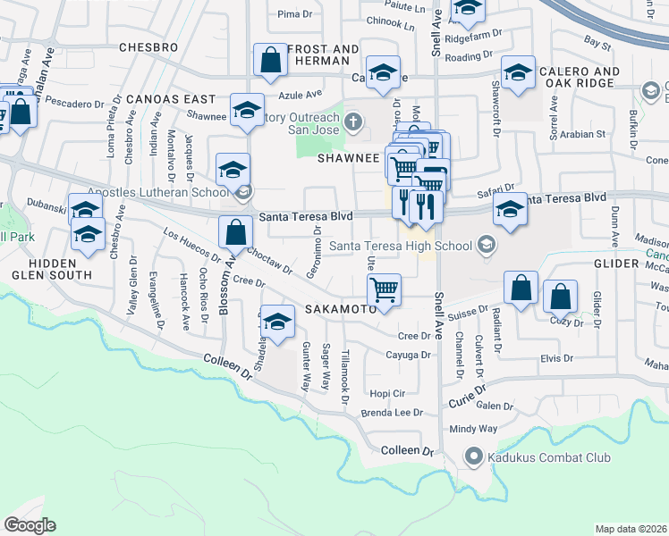 map of restaurants, bars, coffee shops, grocery stores, and more near 687 Choctaw Court in San Jose