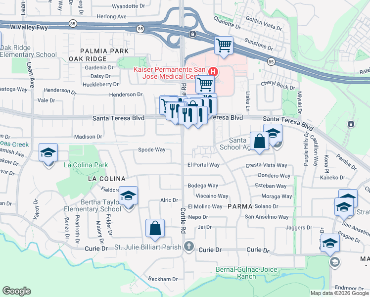 map of restaurants, bars, coffee shops, grocery stores, and more near 6166 Cottle Road in San Jose