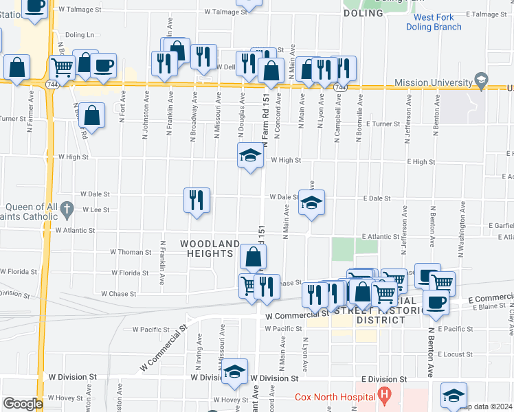 map of restaurants, bars, coffee shops, grocery stores, and more near 2045 North Grant Avenue in Springfield