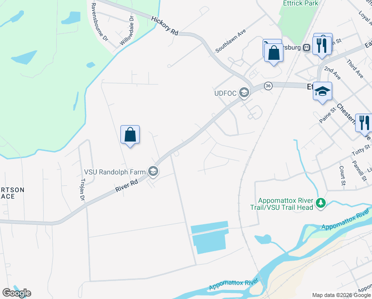 map of restaurants, bars, coffee shops, grocery stores, and more near 4301 River Road in Petersburg