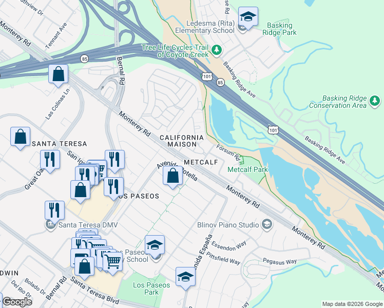 map of restaurants, bars, coffee shops, grocery stores, and more near 6995 Rodling Drive in San Jose