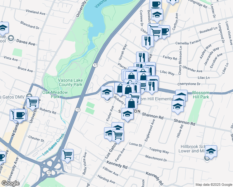 map of restaurants, bars, coffee shops, grocery stores, and more near 16945 Roberts Road in Los Gatos