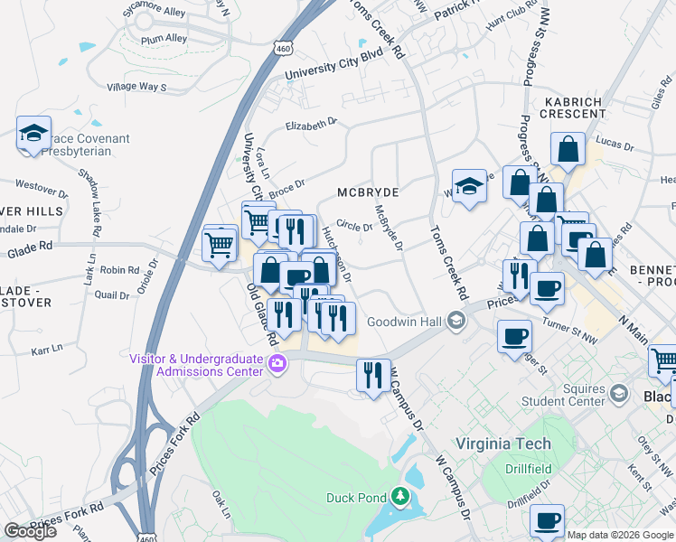 map of restaurants, bars, coffee shops, grocery stores, and more near 709 Hutcheson Drive in Blacksburg