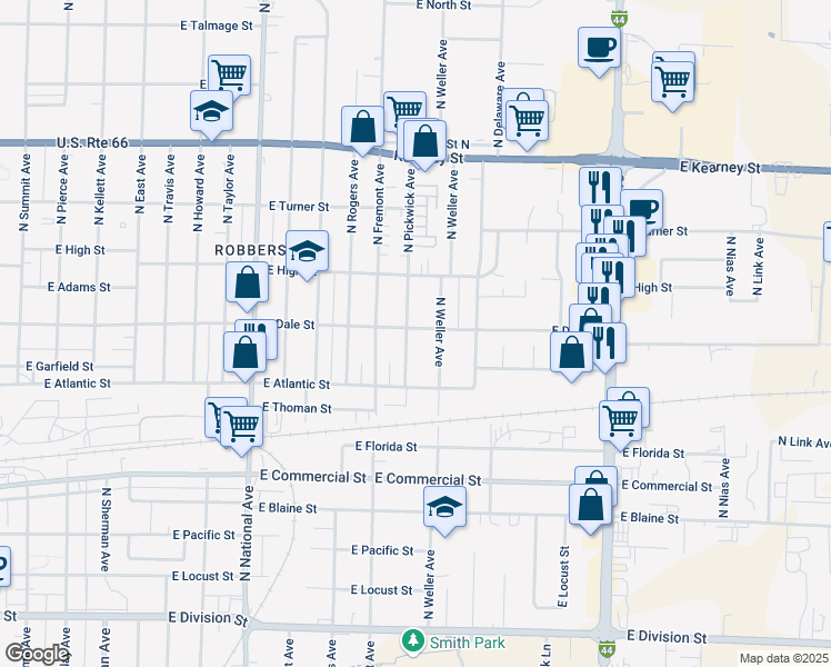 map of restaurants, bars, coffee shops, grocery stores, and more near 2040 North Pickwick Avenue in Springfield