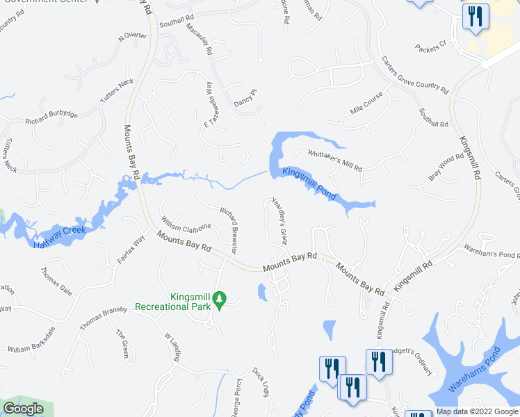 map of restaurants, bars, coffee shops, grocery stores, and more near 18 Yeardley's Grant in Williamsburg