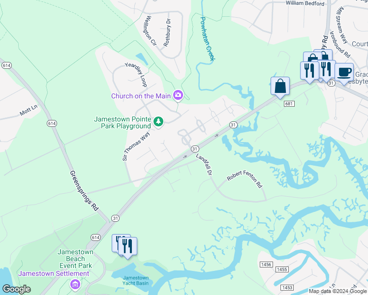 map of restaurants, bars, coffee shops, grocery stores, and more near 103 London Company Way in Williamsburg