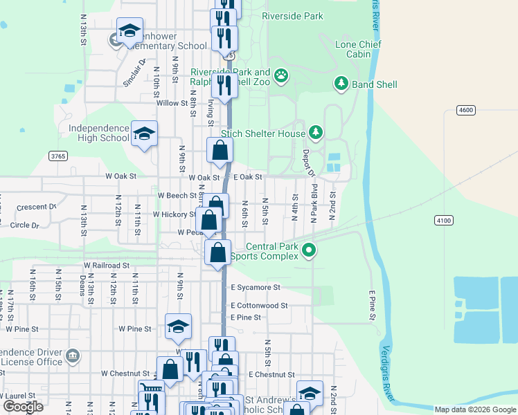 map of restaurants, bars, coffee shops, grocery stores, and more near 1001-1099 North 5th Street in Independence