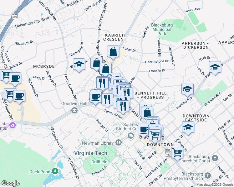 map of restaurants, bars, coffee shops, grocery stores, and more near 700 North Main Street in Blacksburg
