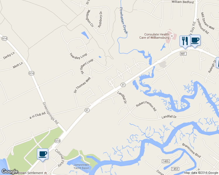 map of restaurants, bars, coffee shops, grocery stores, and more near 102 London Company Way in Williamsburg
