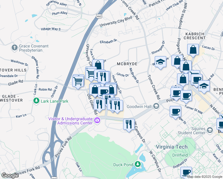 map of restaurants, bars, coffee shops, grocery stores, and more near 709 Hutcheson Drive in Blacksburg