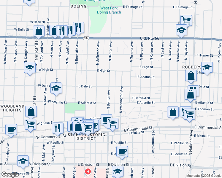 map of restaurants, bars, coffee shops, grocery stores, and more near 2054 North Benton Avenue in Springfield