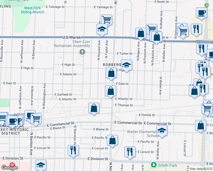 map of restaurants, bars, coffee shops, grocery stores, and more near 2038 North Taylor Avenue in Springfield