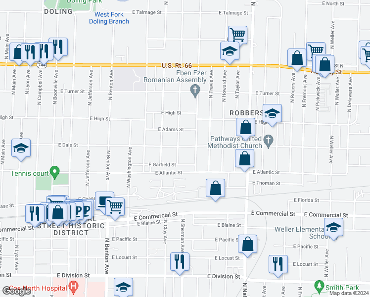 map of restaurants, bars, coffee shops, grocery stores, and more near 912 East Dale Street in Springfield