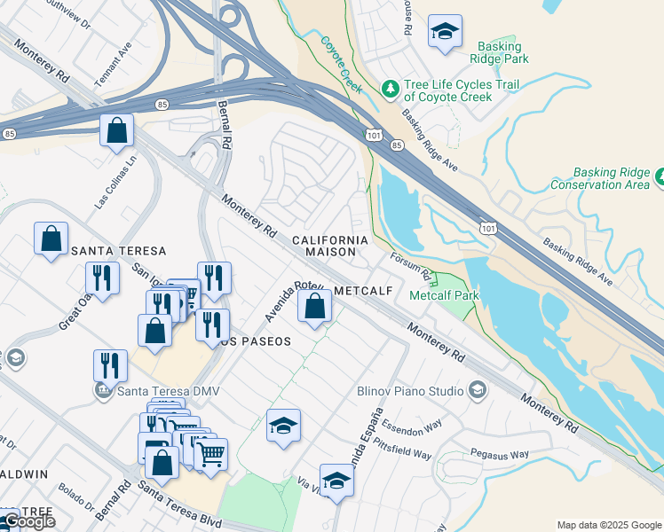 map of restaurants, bars, coffee shops, grocery stores, and more near 6995 Rodling Drive in San Jose