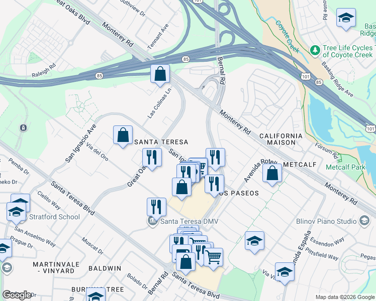 map of restaurants, bars, coffee shops, grocery stores, and more near 6189 San Ignacio Avenue in San Jose