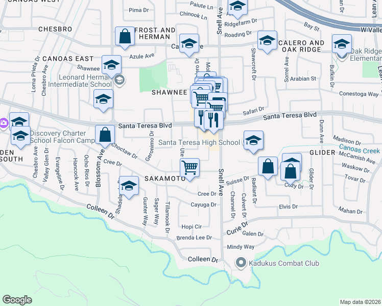 map of restaurants, bars, coffee shops, grocery stores, and more near 6187 Oneida Drive in San Jose