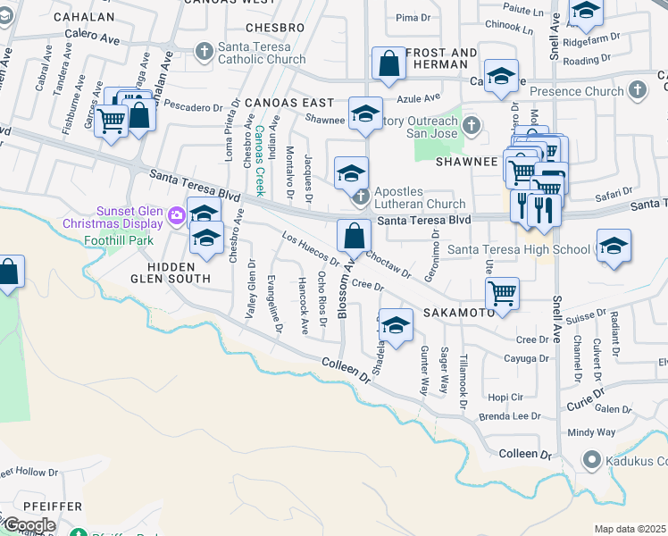 map of restaurants, bars, coffee shops, grocery stores, and more near 6179 Ocho Rios Drive in San Jose