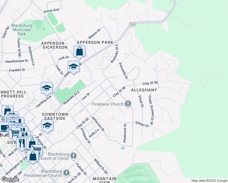map of restaurants, bars, coffee shops, grocery stores, and more near 400 Alleghany Street in Blacksburg