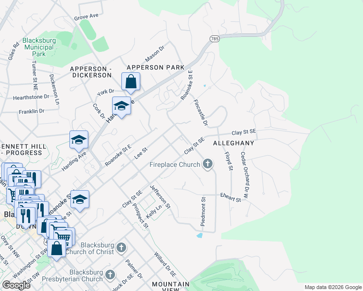 map of restaurants, bars, coffee shops, grocery stores, and more near 315-371 Piedmont St in Blacksburg