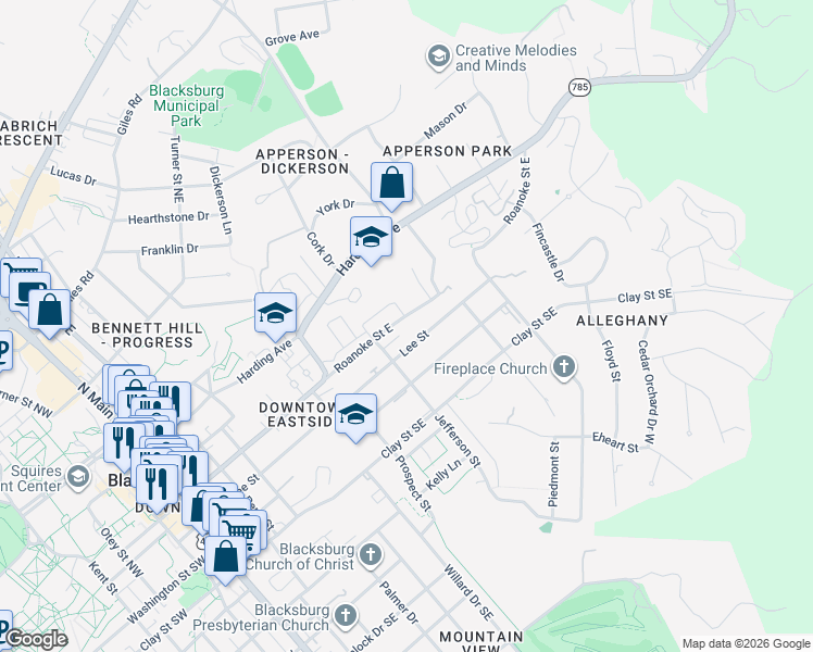 map of restaurants, bars, coffee shops, grocery stores, and more near 712 Roanoke Street East in Blacksburg