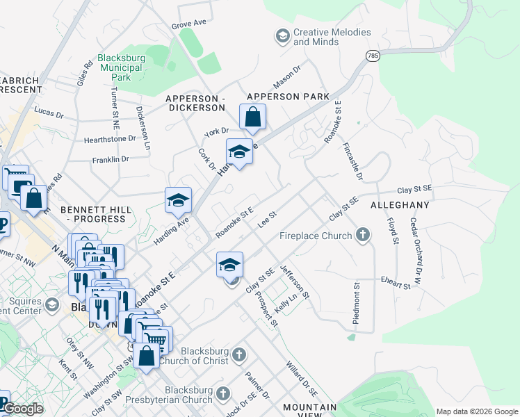 map of restaurants, bars, coffee shops, grocery stores, and more near 712 Lee Street in Blacksburg