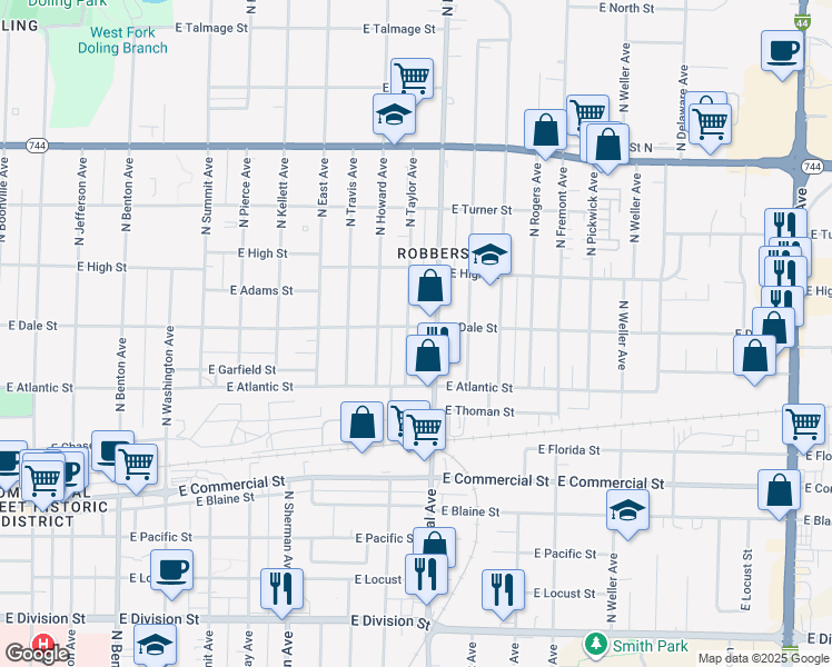 map of restaurants, bars, coffee shops, grocery stores, and more near 2038 North Taylor Avenue in Springfield