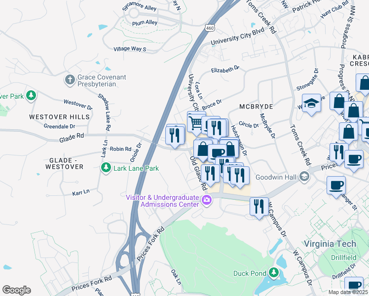 map of restaurants, bars, coffee shops, grocery stores, and more near 824 Cascade Court in Blacksburg