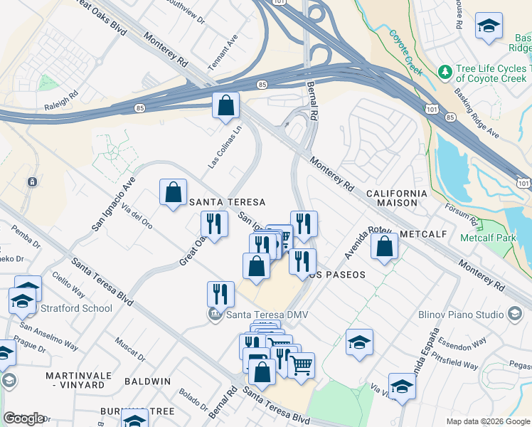 map of restaurants, bars, coffee shops, grocery stores, and more near 6189 San Ignacio Avenue in San Jose