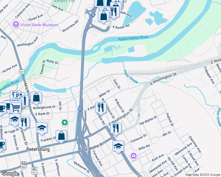 map of restaurants, bars, coffee shops, grocery stores, and more near 843 Miller Street in Petersburg