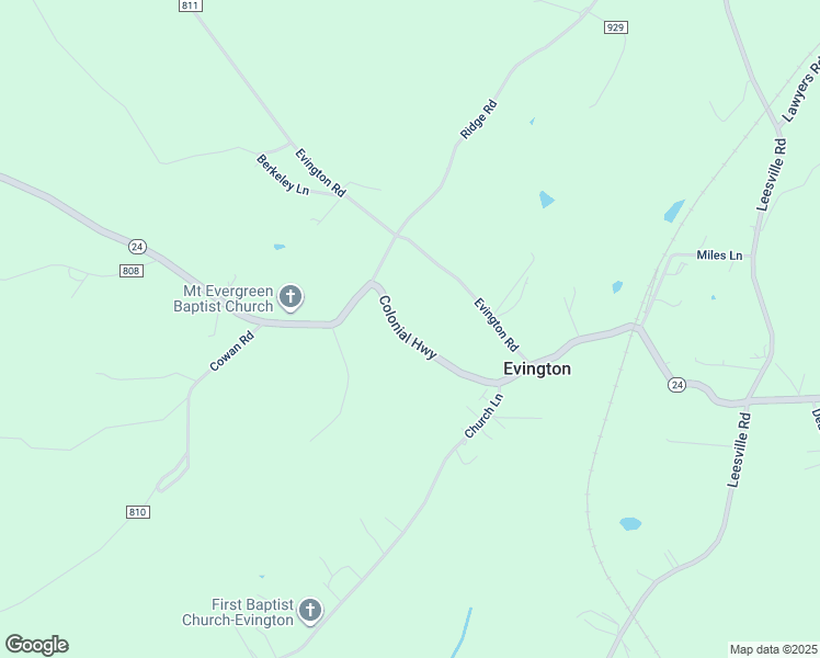 map of restaurants, bars, coffee shops, grocery stores, and more near 10815 Colonial Highway in Evington