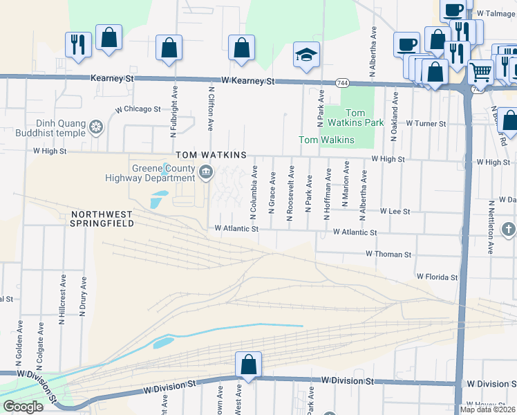 map of restaurants, bars, coffee shops, grocery stores, and more near 2034 North Columbia Avenue in Springfield