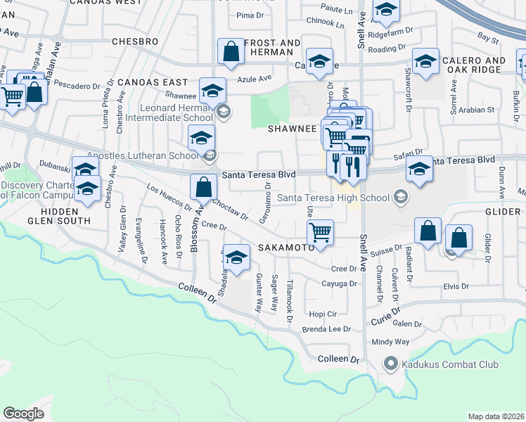 map of restaurants, bars, coffee shops, grocery stores, and more near 6137 Geronimo Drive in San Jose