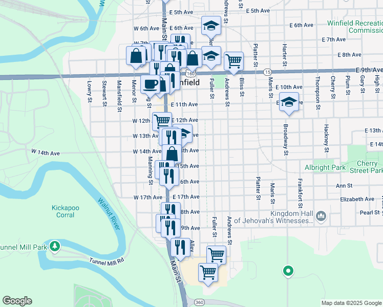map of restaurants, bars, coffee shops, grocery stores, and more near 1404 Millington Street in Winfield