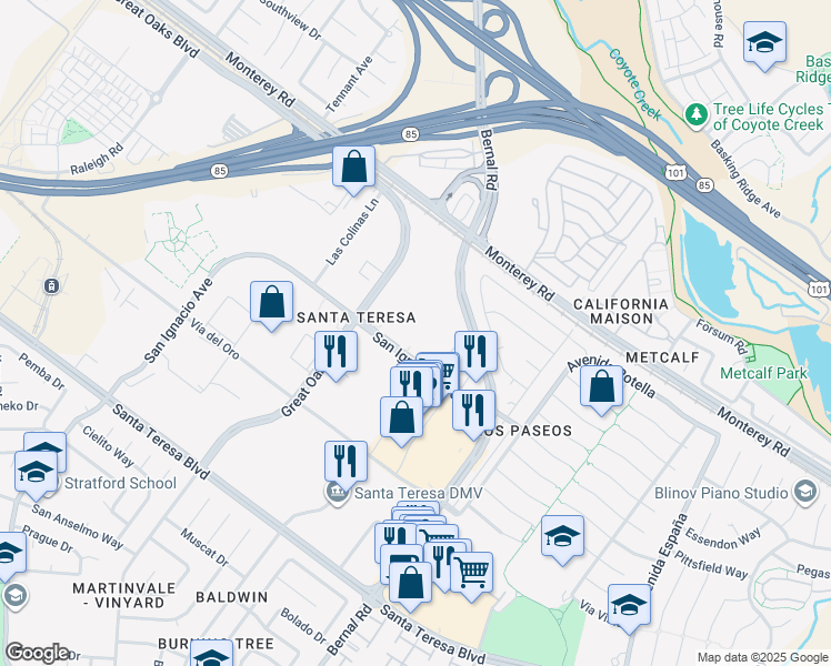 map of restaurants, bars, coffee shops, grocery stores, and more near 6189 San Ignacio Avenue in San Jose