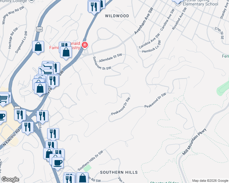 map of restaurants, bars, coffee shops, grocery stores, and more near 3363-3439 Peakwood Drive Southwest in Roanoke