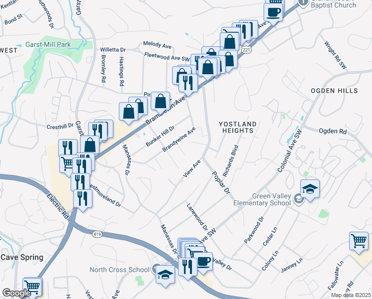map of restaurants, bars, coffee shops, grocery stores, and more near 3424 Potomac Street in Cave Spring