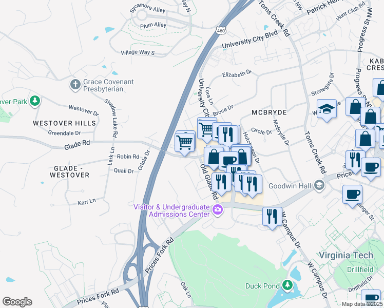 map of restaurants, bars, coffee shops, grocery stores, and more near 824 Cascade Court in Blacksburg