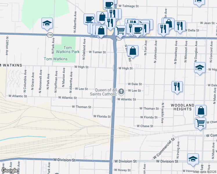 map of restaurants, bars, coffee shops, grocery stores, and more near 1612 West Lee Street in Springfield