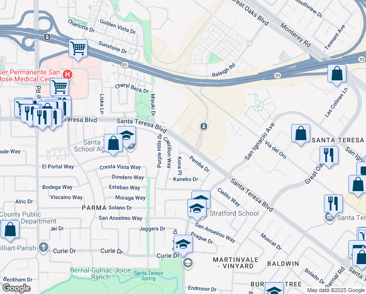 map of restaurants, bars, coffee shops, grocery stores, and more near 180 Kona Place in San Jose