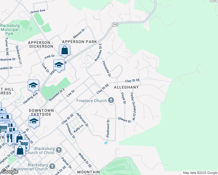 map of restaurants, bars, coffee shops, grocery stores, and more near 421 Alleghany Street in Blacksburg
