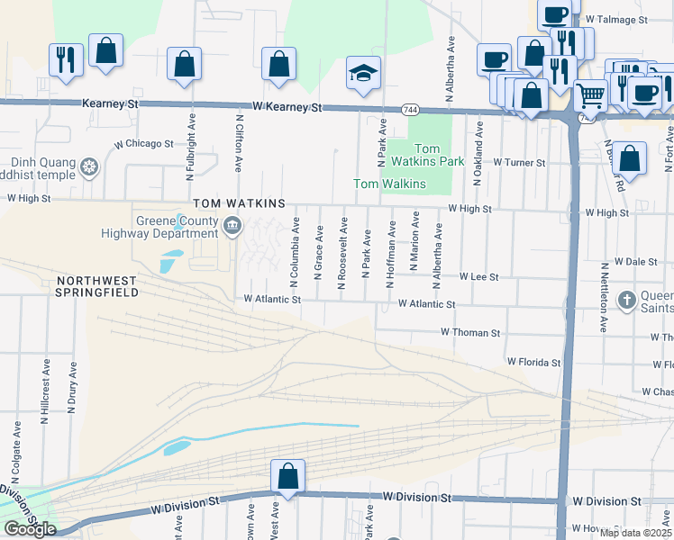 map of restaurants, bars, coffee shops, grocery stores, and more near 2039 North Roosevelt Avenue in Springfield