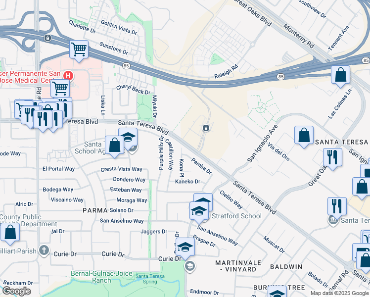 map of restaurants, bars, coffee shops, grocery stores, and more near 180 Kona Place in San Jose