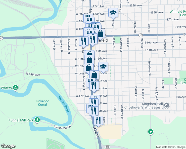 map of restaurants, bars, coffee shops, grocery stores, and more near 1400 Main Street in Winfield