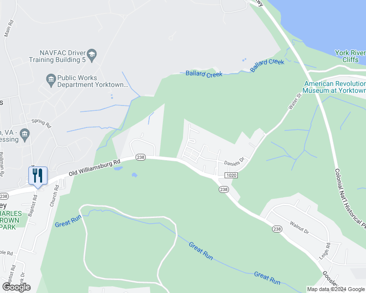 map of restaurants, bars, coffee shops, grocery stores, and more near 217 Alexia Lane in Yorktown