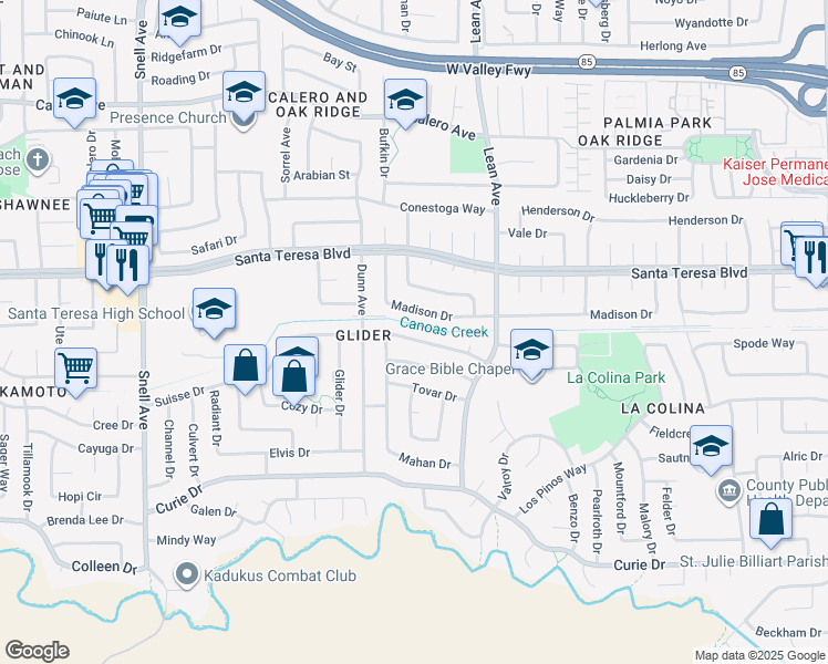 map of restaurants, bars, coffee shops, grocery stores, and more near 483 McCamish Avenue in San Jose