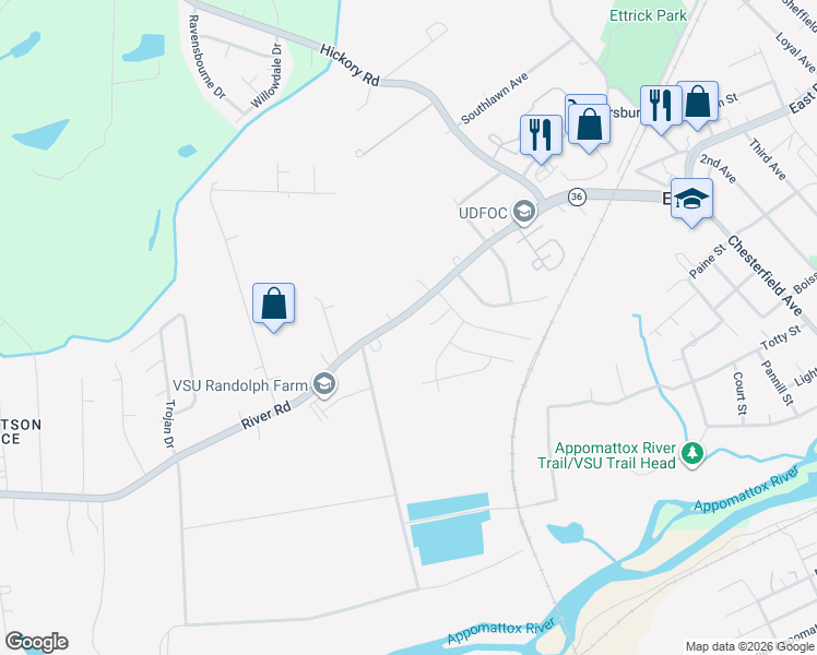 map of restaurants, bars, coffee shops, grocery stores, and more near 4301 River Road in Petersburg