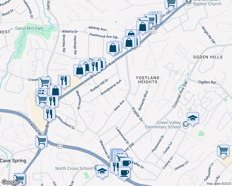 map of restaurants, bars, coffee shops, grocery stores, and more near 3424 Potomac Street in Cave Spring